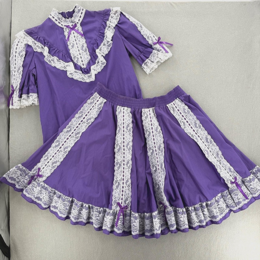 Vintage Square Dance Outfit Western Prairie Full Circle Skirt Ruffle Blouse XL
